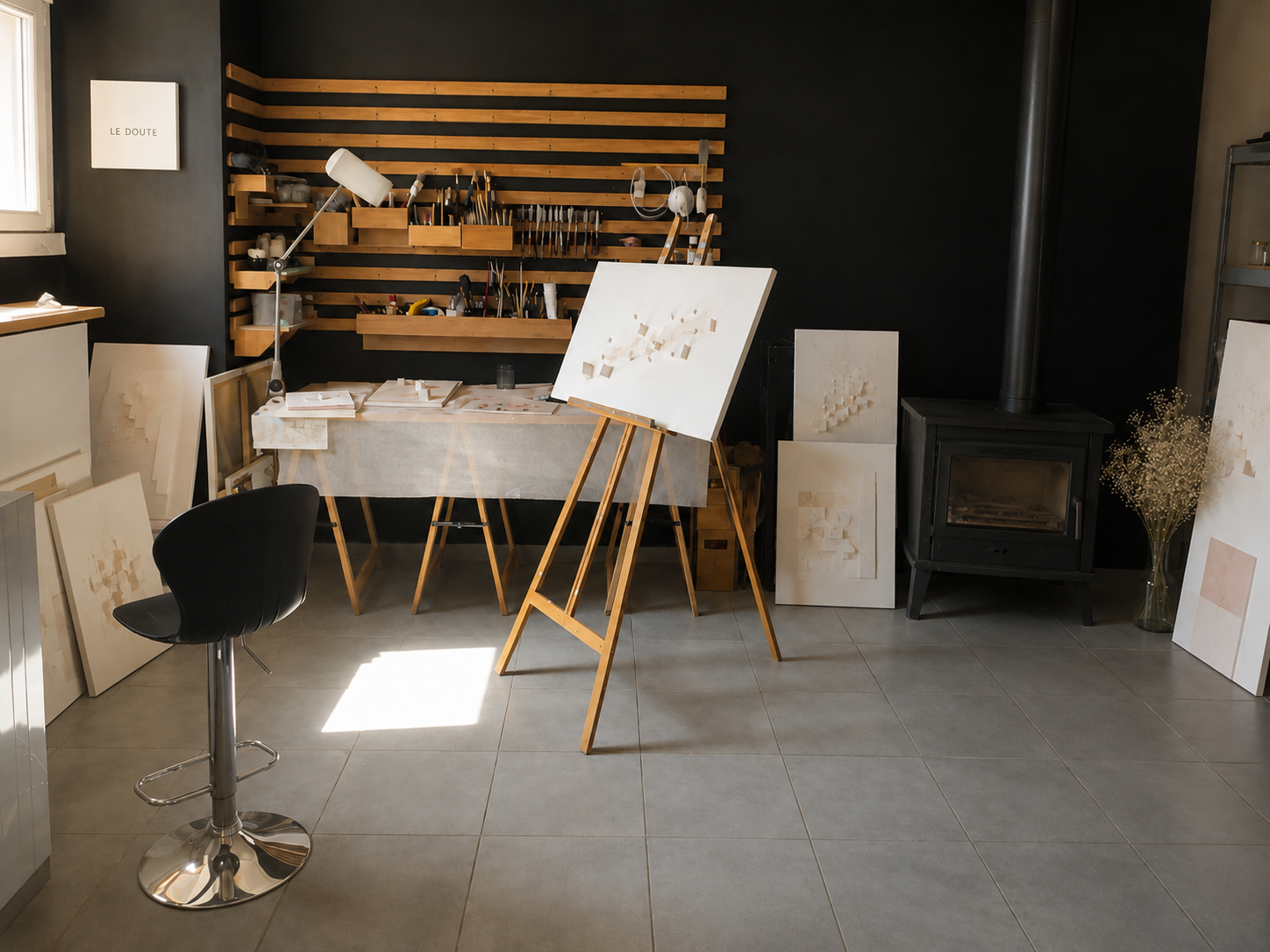 L’atelier de Marie Dernoncourt, ses œuvres blanches, ses outils et l’inscription Le doute
