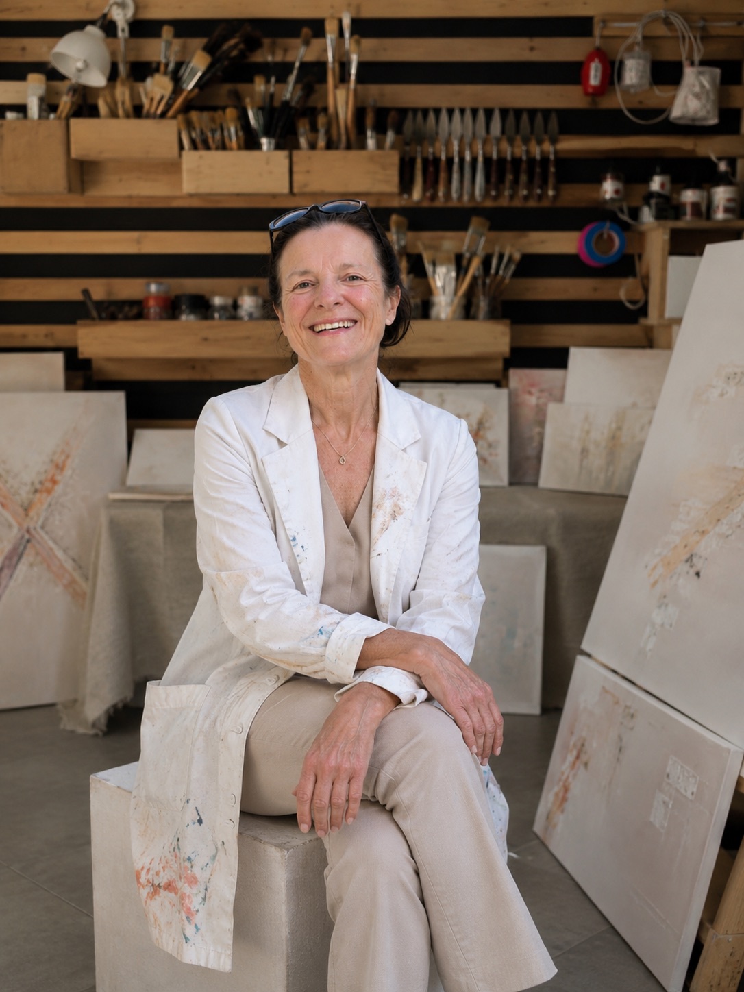 Marie Dernoncourt dans son atelier, entourée de ses œuvres et de ses outils