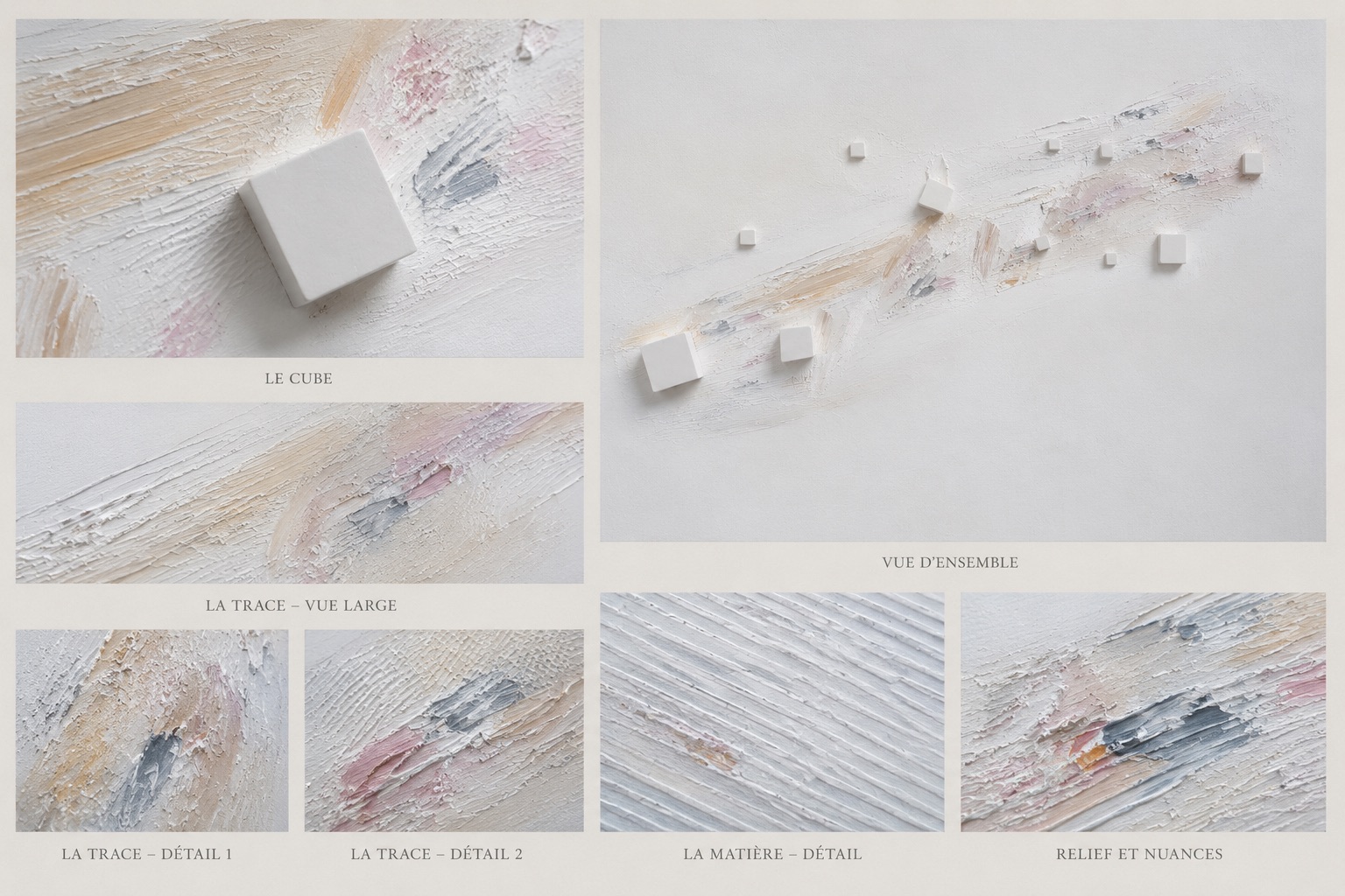 Vue d’ensemble et détails de matière d’une œuvre de Marie Dernoncourt avec cubes, traces et reliefs
